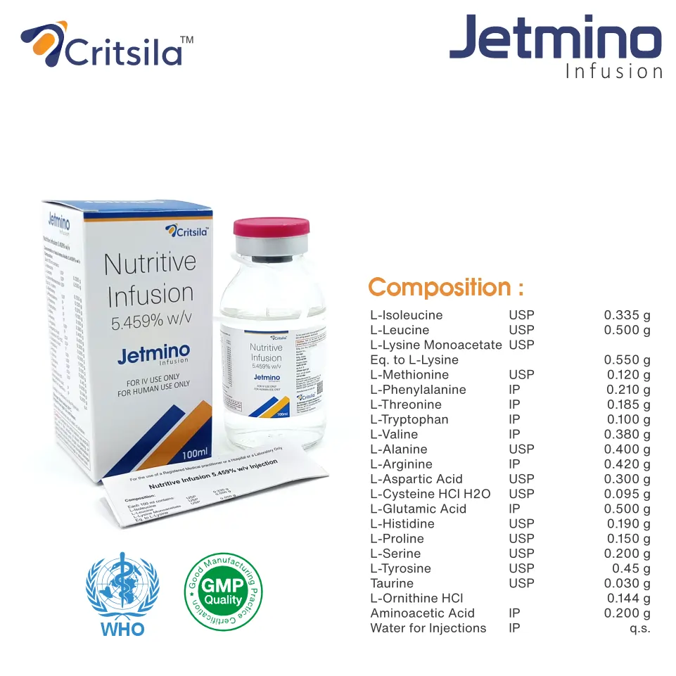 Amino Acid Infusion 100 ml at the best price in PCD Pharma Franchise for Amino Acid Supplement, Nutritional Support Therapy.
